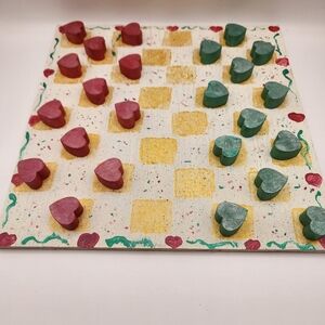 Handmade Wooden Checkers Board Game 9x9" Country Hearts
